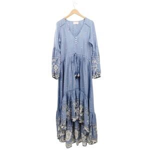 Miss June Blue Floral Long Sleeve Hilow Hem Waist Tie Maxi Dress Size L‎ Boho